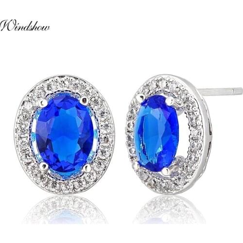Windshow White Gold Color Oval Blue CZ Paved Crystal CZ Stud Earrings For Women Princess Luxury Wedding Party Jewellery Aros