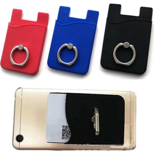 Silicone Cell Phone Pouch Case Credit ID Card Holder With Ring Stand Adhesive