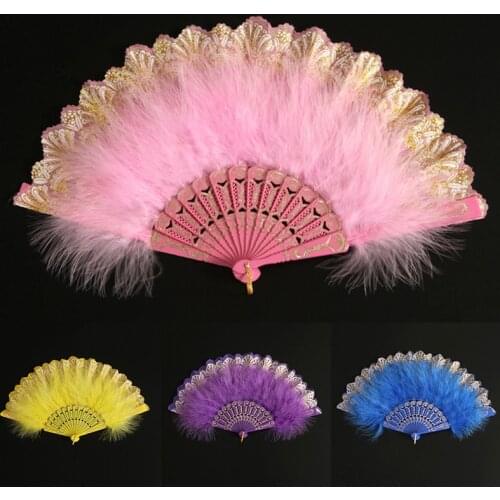 Folding Soft Fluffy Hand Held Fan Chinese Style Dance Soft Colorful Feather Fan Flapper Burlesque Wedding Ladies Fancy Dress