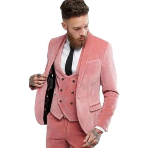 Slim Fits Pink Velvet Shawl Collar Groom Wedding Tuxedos Men Party Blazer Prom Coat Trousers Sets Business Suits W:2091