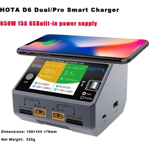 HOTA D6 Dual/Pro Smart Charger AC200W DC650W 6S 15A for Lipo LiIon NiMH Battery with iPhone Samsung Wireless Charging