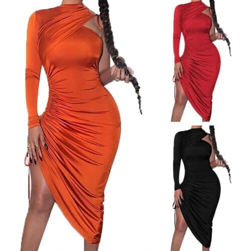 Spring Autumn One Shoulder Evening Party Dresses Elegant Black Shirring Womens Dress Sexy Bodycon Dress Robe Femme Vestidos