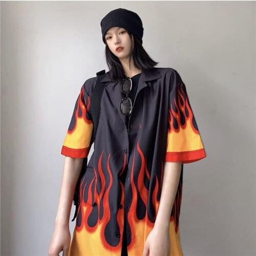 Summer Lapel Collar Lady Street Hip-hop Loose Shirt Harajuku Women Fire Printed Shirts Single Breasted Short Sleeve Gothic Tops