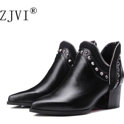 ZJVI Womens Pointed Toe Ankle Boots Women Winter Autumn Boots 2020 Fashion Woman Rivets Square High Heels Ladies Black Shoes