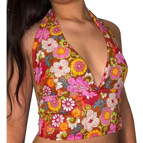 Womens Halter Crop Tank Tops, Sleeveless Deep V Neck Floral/Wavy Straipes Print Tie Back Camisole