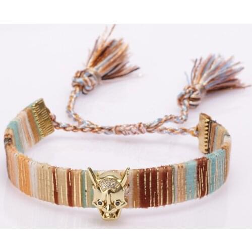 Gold animal head protection charm ethnic boho bohemia soft cotton silk tassel tail wristband adjustable bracelet for woman