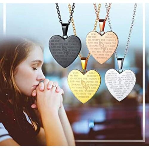 Faith Heart Bible Verse Praying Hand Necklace Stainless Steel Christian Cross Pendant Jewelry for Women Men