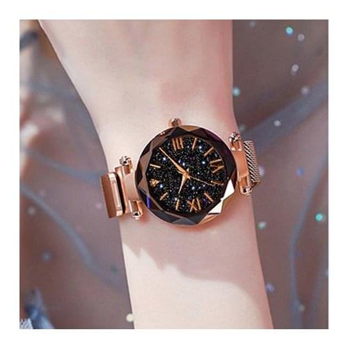 Women Starry Sky Watches Black Magnetic Mesh Band Stainless Steel Quartz Wristwatch Ladies Female Roman Number Diamond Watch