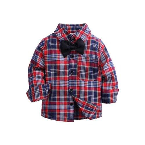 Childrens clothing boys' shirt spring and autumn Plaid Lapel shirt middle and small childrens top boys' Korean bow tie bottom