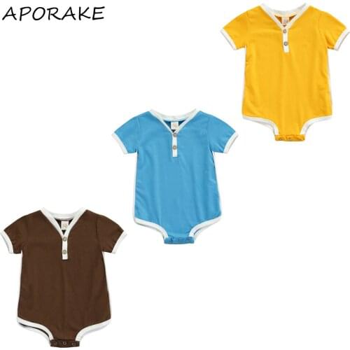 2021 0-24M Summer Toddler Baby Girl Boy Romper Button V Neck Solid Color Patch Short Sleeve Playsuit Jumpsuit Cotton Clothes