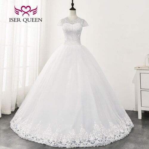 O neck Short Sleeves Africa Wedding Dresses Pearls Beading Ball Gown Tulle Wedding Dress Pure White Bride Dress WX0165