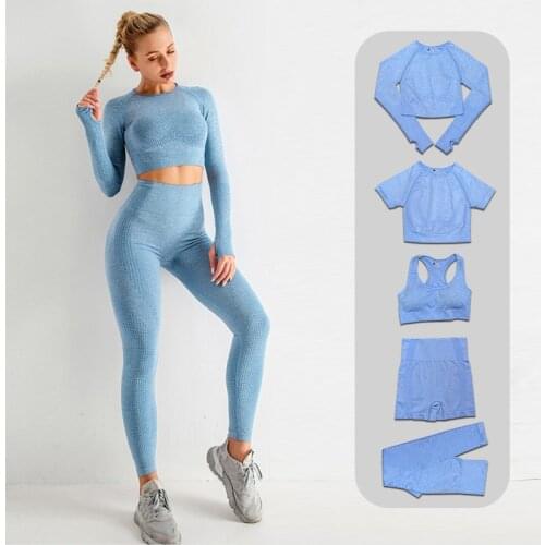 2/3/5PCS Seamless Yoga Sets Women Gym Clothing Sports Long Sleeve Crop Top High Waist Leggings Sportswear Workout Fitness Suits