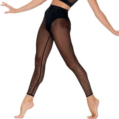 MiDee Rhinestone Mesh Leggings Women Adult Sexy Crystal Transparent Stocking Silk Modern Lyrical Dancewear Long Bottoms Pants