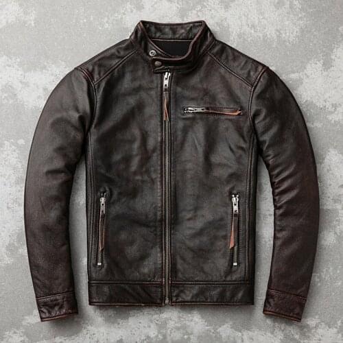 2020 Vintage Brown Men Slim Fit Bikers Jacket Plus Size XXXXXL Genuine Cowhide Autumn Motorcycle Leather Coat
