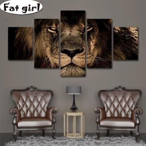 5 Panel Home Decoration Diamond Painting King Lion Wall Art Picture Diy Mosaic Cross Stitch Embroidery Full Square Round Drill