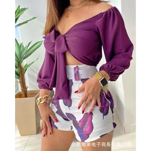 Echoine Autumn Long Sleeve Blouse Shirt Top Sexy Lace Up V-neck Shirt Shorts Set Print Matching Set Elegant Party Clubwear