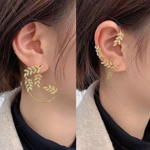 New Fashion Gold Leaf Clip Rhinestone Earring for Women One Piercing Puck Rock Vintage Crystal Ear Girls Jewerly Gifts 1Pcs