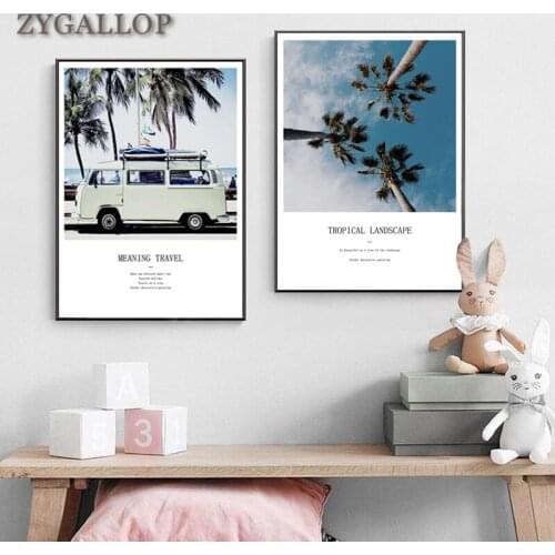 Nordic Ocean Landscape Canvas Poster Coconut Tree and Bus Wall Art Canvas Painting Decorative Picture Scandinavian Home Decor