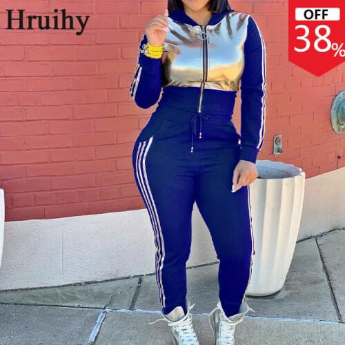 Tracksuit Women Long Sleeve Zipper Pocket Streetwear Patchwork Two Piece Set Women Elastic Waist Fashion New Dresy Damskie