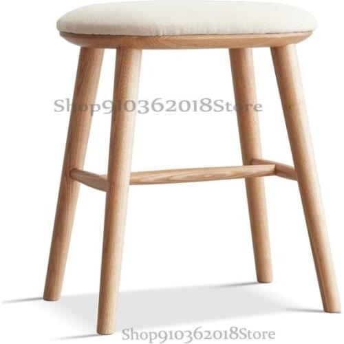 Pure Solid Wood Makeup Stool Modern Minimalist Ash Fabric Soft Bag Stool Nordic Bedroom Dressing Stool