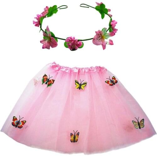 Princess Girl Tulle Tutu Butterfly Skirt Flower Headband Wreath Set Props Wedding Party Ball Gown Birthday Gift Costume 2-7 Year