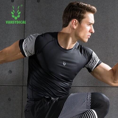VANSYDICAL Compression Running Shirt Men Striped Short Sleeve Sportswear for Male Gym Clothing Fitness Training Workout Top