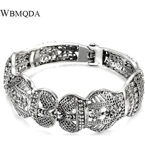 Wbmqda Boho Tibetan Silver Bangle for Women Vintage Jewelry Ethnic Style Carved Pattern Big Bracelet Wedding Jewelry Party Gift