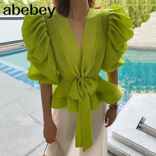 Ruffle Lace Up Bowknot Shirt For Women V Neck Puff Sleeve High Waist White Blouse Female 2021 Fashion New Stylish