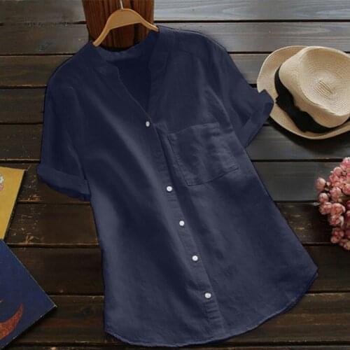 Women Cotton linen Casual Short Sleeve Shirt Button Down Tops Summer Lady tee shirt femme Plus Size Camiseta Feminina Pullover