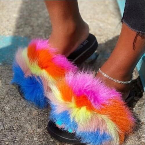 2020 autumn/winter new womens rainbow fur slippers, outer wear fox fur slippers Durable non-slip sandals outdoor leisure 37-41
