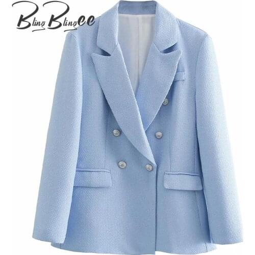 BlingBlingee Tweed Woolen Casual Blazers Autumn Spring Long Sleeve Double Breasted Women Straight Coat Office Lady Suit Jacket