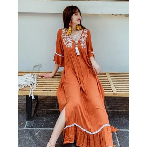 Bohemian Indian Clothes Dress Kurta For Women Womens Large Long Ethnic Style Cotton Hemp Embroidery Seaside Holiday Dress Saree