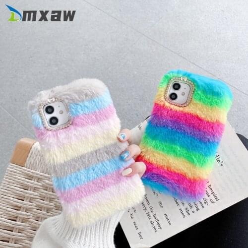 Luxury Diamond Plush Rainbow Phone Case For Xiaomi Mi POCO X3 NFC 10 Ultra 10T CC9 9 Pro Note 10 Pro Lite CC9E A3 A2 Lite Cover