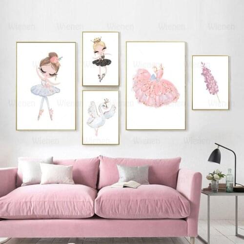 Baby Girl Room Decor Poster Pink Ballet Princess Nursery Swan Wall Art Canvas Painting Modular Pictures for Children Room