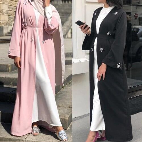 Muslim Abaya Diamonds Beading Cardigan Full Dress Kimono Long Robe Gowns Jubah Dubai Middle East Ramadan Arab Islamic Clothing