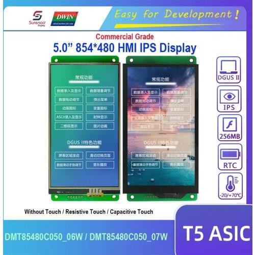 Dwin T5 HMI Display, DMT85480C050_06W DMT85480C050_07W 5.0" 854X480 IPS LCD Module Screen w/ Resistive Capacitive Touch Panel