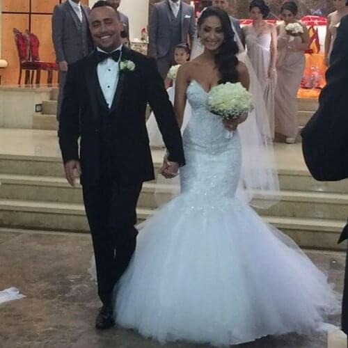 Elegent Mermaid Wedding Dresses Sweetheart Lace Appliques Crystal Beaded Sweep Train Tulle Plus Size Formal Bridal Dress