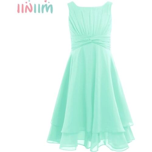 Iiniim Flower Girls Dress Chiffon Knotted High-waisted Princess Dress Kids Teenager Pageant Birthday Party Vestidos Prom Dresses