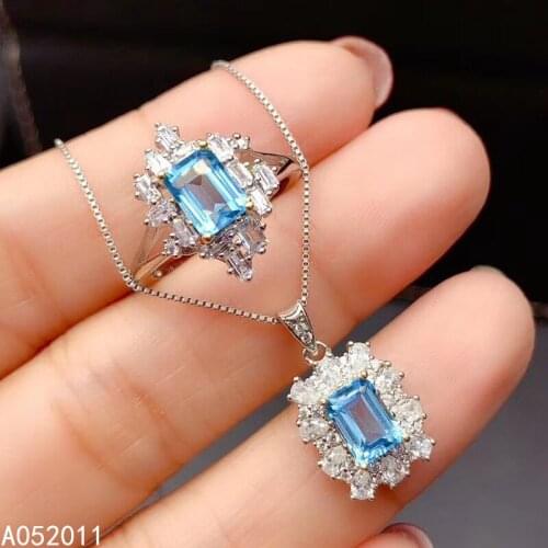 KJJEAXCMY fine jewelry natural blue topaz 925 sterling silver classic girl new pendant necklace ring set support test