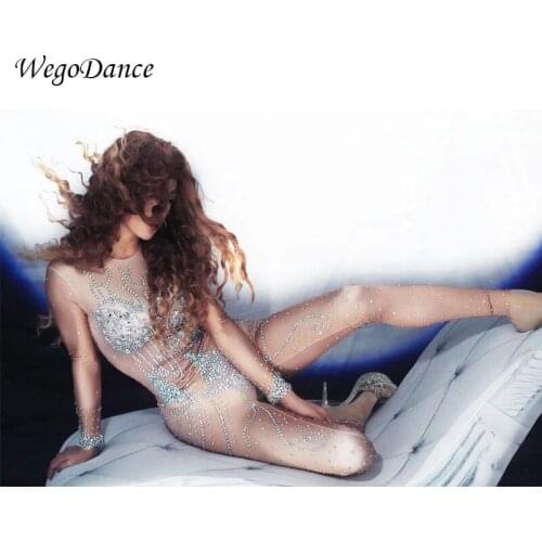 New Rhinestones bar nightclub pole dance sexy long sleeves performance jumpsuit for Woman