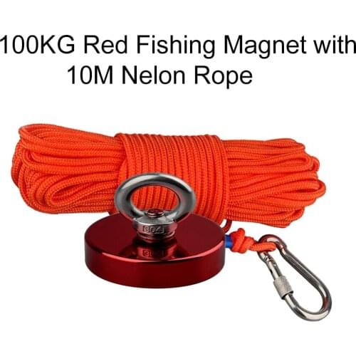 220LB Red Fishing Magnet Strong Magentic N52 Neodymium Magnets with 10M Nelon Rope for Underwater Metal and Treasure Salvage