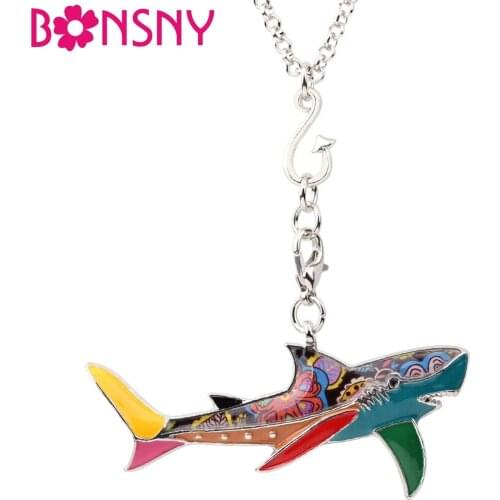 Bonsny Enamel Metal Ocean Animal Fish Shark Necklace Pendant Chain Novelty Jewelry For Women Girls Gift Party Accessories Bijoux