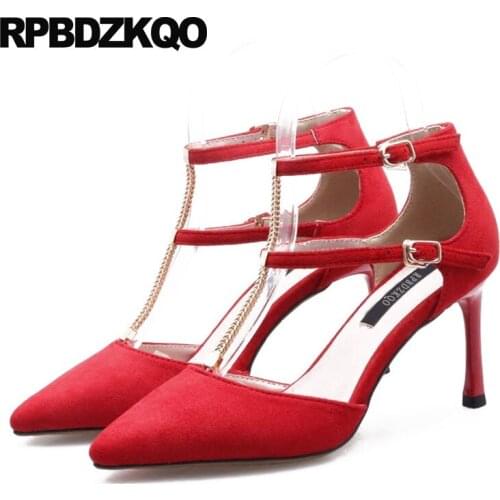 Fashionable Ladies Yellow Shoes For Wedding Big Size 33 Red T Strap Stiletto High Heels 3 Inch Suede Metal Pointed Pumps Chain
