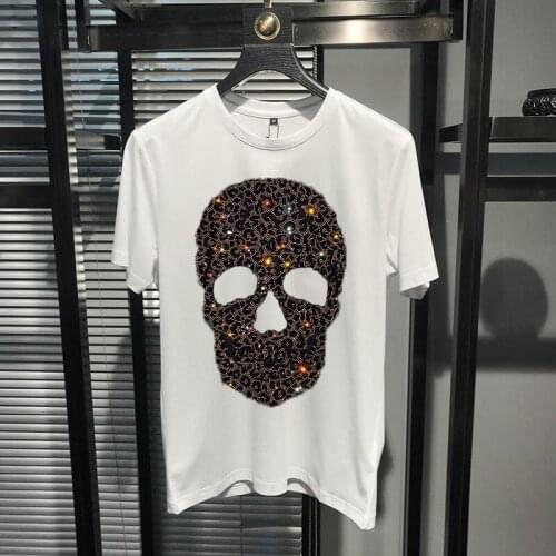 M-5XL Top Quality Personality Hot Rhinestone Skull Mens Short Sleeve Slim Trendy Design Brand T-Shirt