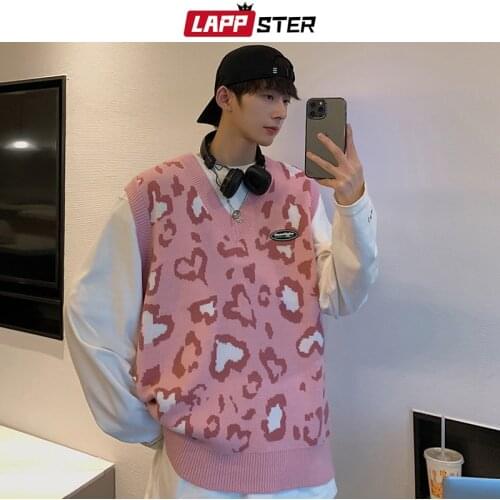 LAPPSTER Men Love Oversized Knitted Sweater Vest 2021 Mens Autumn Korean Fashion Harajuku Sweaters Male Winter Streetwear Vests