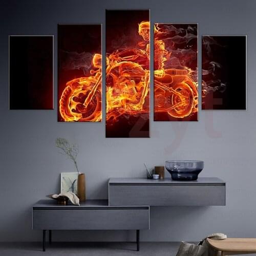 Living Room Wall Art Canvas Pictures 5 Piece Fire Smoke Biker Painting Home Decor Prints Skeleton Motorcycle Skull Poster Frame