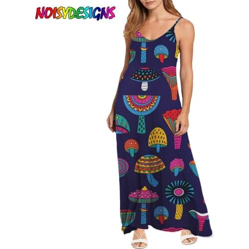 NOISYDESIGNS 2021 New Colorful Ethnic Mushroom Pattern Beach Long Dress Fashion Women Spaghetti V neck Dress Summer Clothes