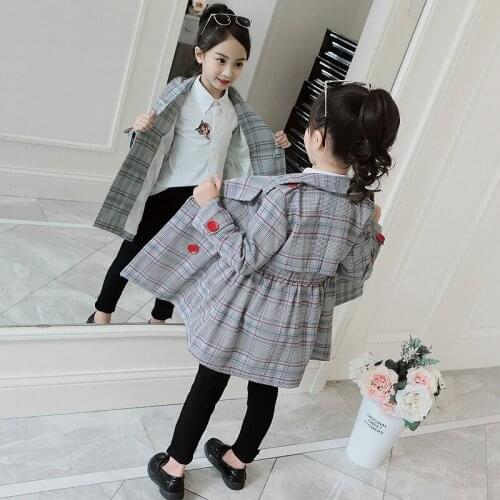 New Arrival Girls Plaid Suit Coat Spring Fall Childrens Mid-Long fitted Waist Windbreaker Clothes Kids Casual Trench Coat P342