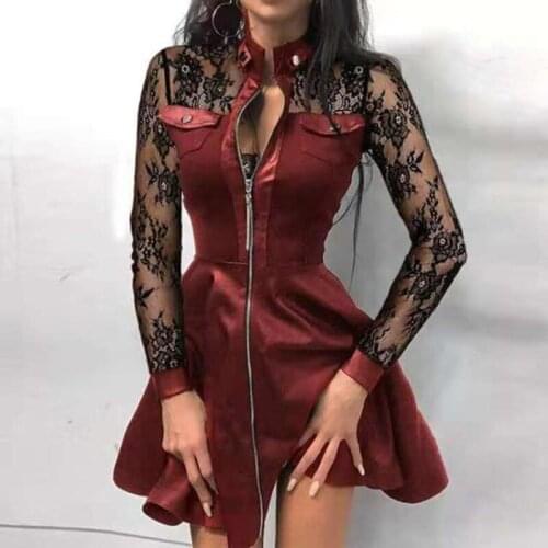 Autumn Zipper Pockets PU Leather Dress Ladies Sexy Lace Mesh Sleeve Patchwork Party Dress Elegant Stand Neck Button Mini Dresses
