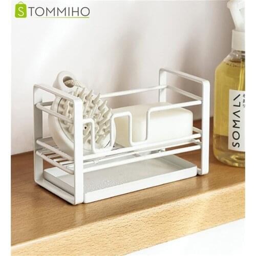 STOMMIHO Kitchen Sponge Rack Storage Wrought Iron Sponge Drain Rack Kitchen Storage Steel Ball Soap Dish Cloth Sink